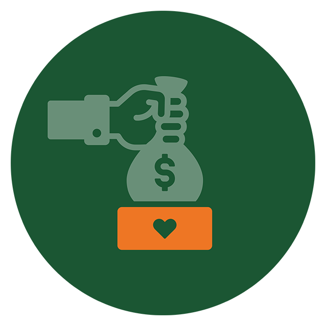 A hand holding a money bag with a heart icon on a green circle background