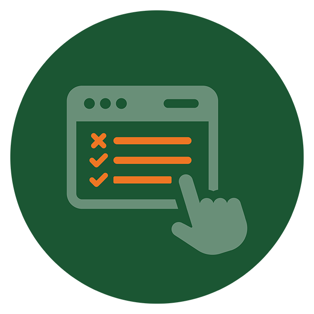 An icon of a hand pointing to a checklist on a green circle background