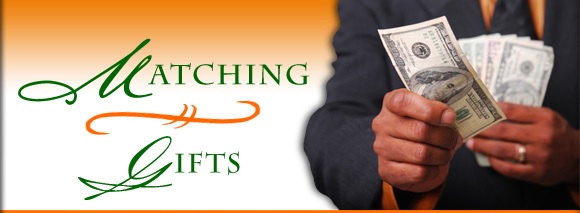 An elegant banner displaying the phrase "Matching Gifts" in fancy calligraphy font, alongside an image of a man in a suit presenting money.