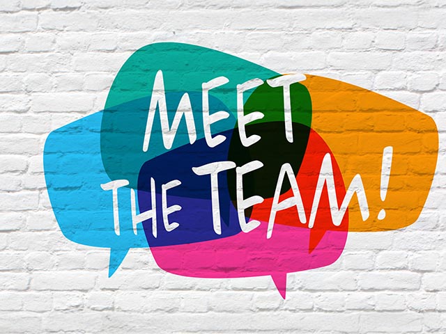 the words "meet the team" in colorful text bubbles