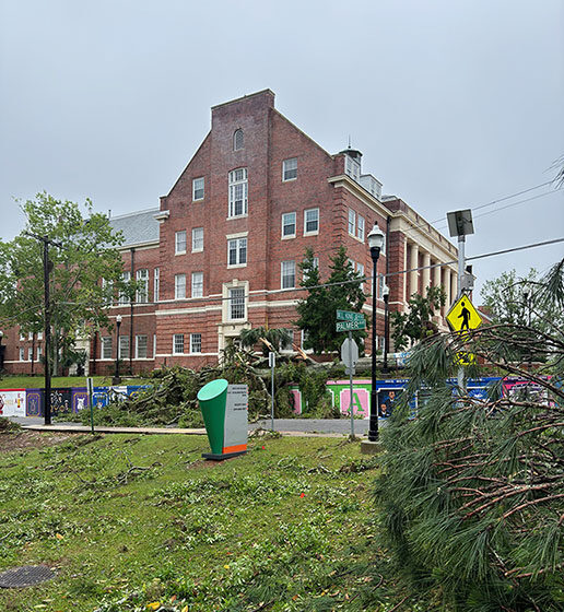 The storm left the Tallahassee campus littered with fallen trees and scattered debris. (Credit: Ernest Nelfrard)