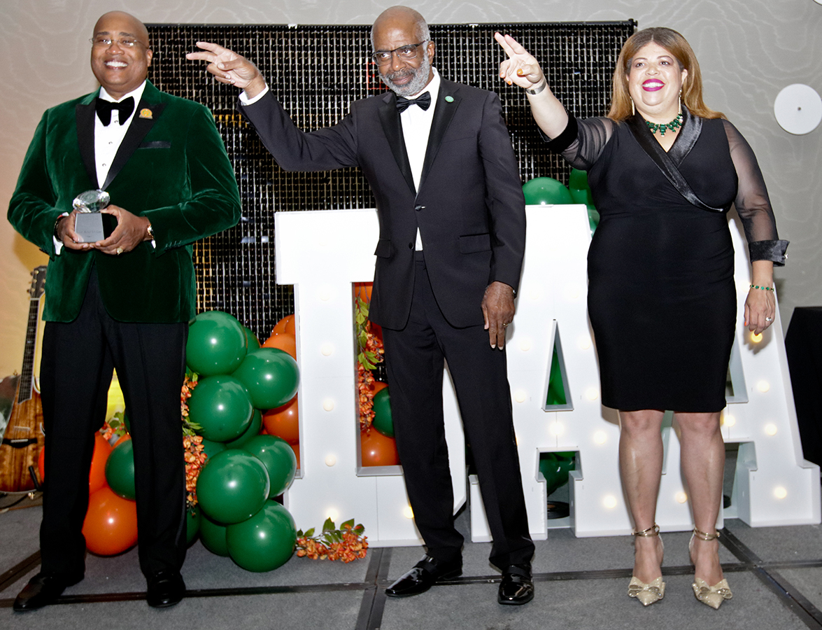 (from left) FAMUNAA President Curtis Johnson, FAMU President Larry Robinson, and BOT Chair Kristin Harper. (Credit: Ricky Roberts)