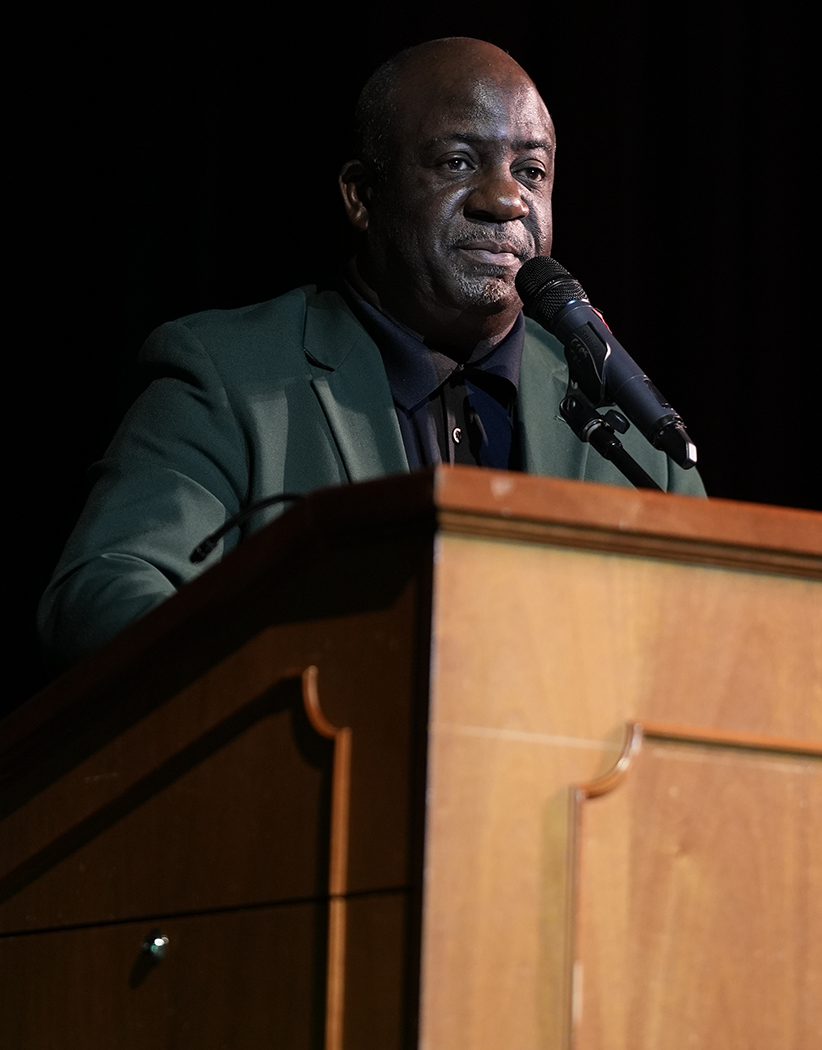 Interim President Timothy L. Beard, Ph.D., speaks to prospective Rattlers at Clayton County Performing Arts Center. (Photos: Credit: Ernest Nelfrard)