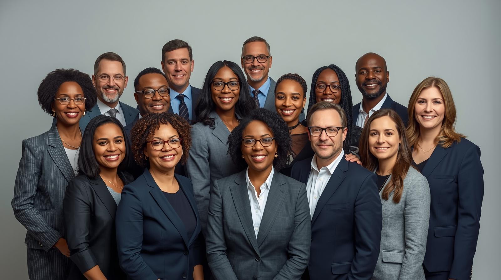 A professional man in an orange suit and a professional woman in a green suit standing side by side with arms crossed, both smiling.