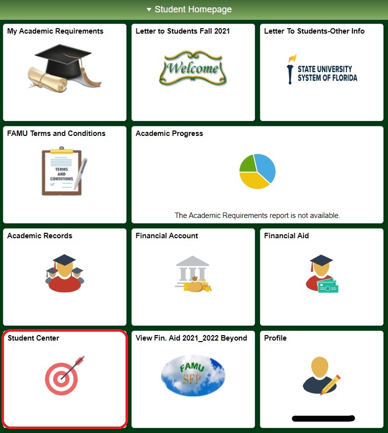 iRattler Campus Solutions Student Homepage - Student Center Button is circled