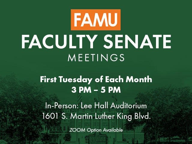 This flyer says "Meetings are held on the first tuesday of each month from 3 p.m. to 5 p.m. | In person at Lee hall Auditorium 1601 South Martin Luther King Blvd., with Zoom option"