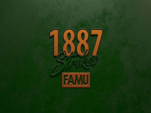 four students standing in front of the famu eternal flame. "FAMU Rising" is the text in front of them strike