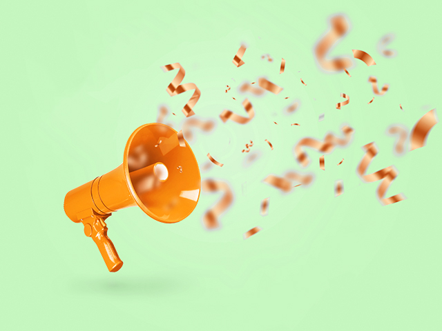 An orange megaphone is tossed into the air, surrounded by colorful confetti against a vibrant green background.