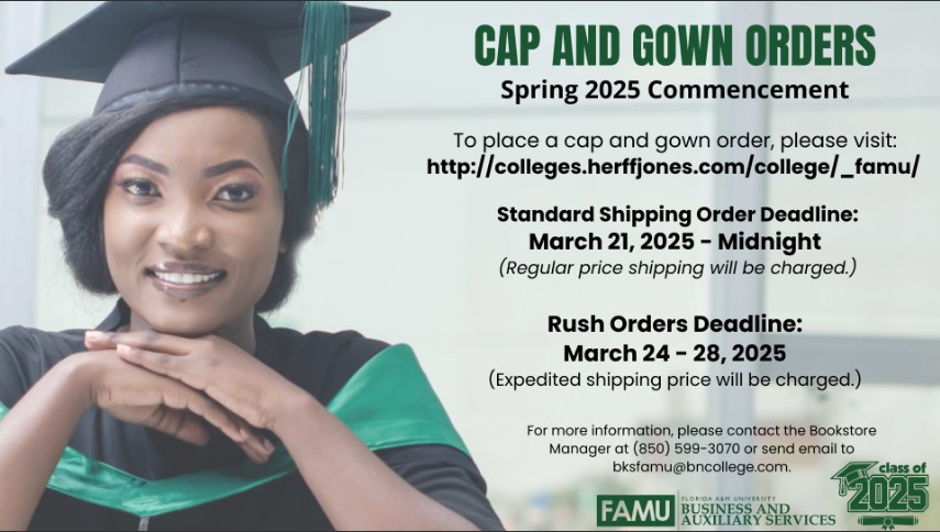 Spring 2025 Cap and Gown Order Info Graphic