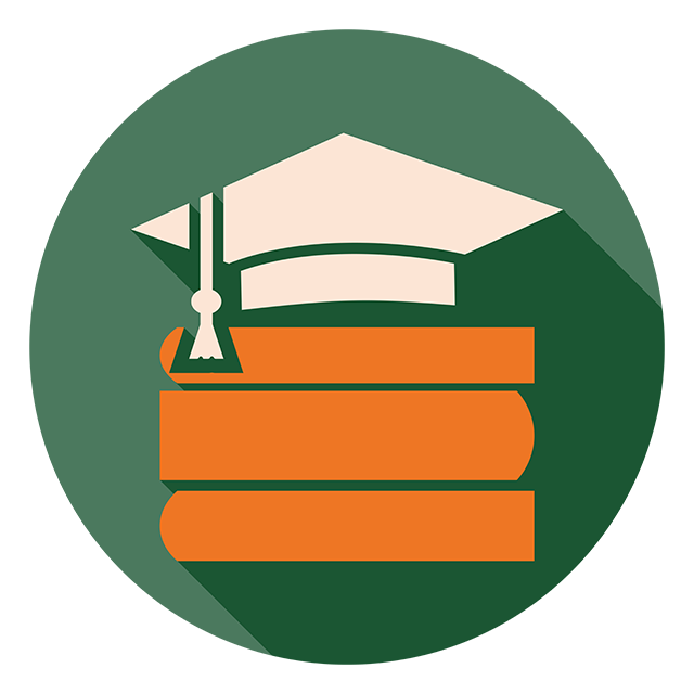 Education Icon: Icon of an academic cap resting on a stack of orange books, symbolizing education and learning, on a green circular background.