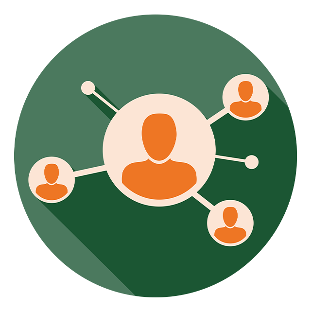 Network Icon: Icon of an orange silhouette of a person connected to smaller silhouettes by green lines, symbolizing networking or social connections, on a green circular background.