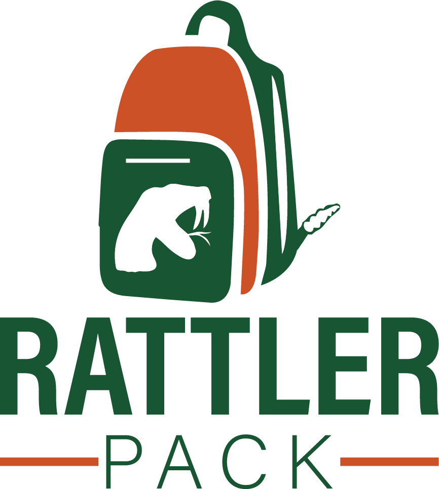 Rattler Pack Logo - An orange and green backpack with the FAMU rattler head logo on the front pocket, accompanied by the text 'RATTLER PACK' in bold letters underneath. Rattler Pack Logo - An orange and green backpack with the FAMU rattler head logo on the front pocket, accompanied by the text 'RATTLER PACK' in bold letters underneath.