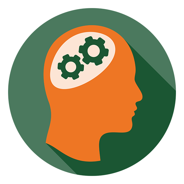 Think Icon: "Icon of an orange silhouette of a head with two green gears inside, representing thinking and problem-solving, on a green circular background