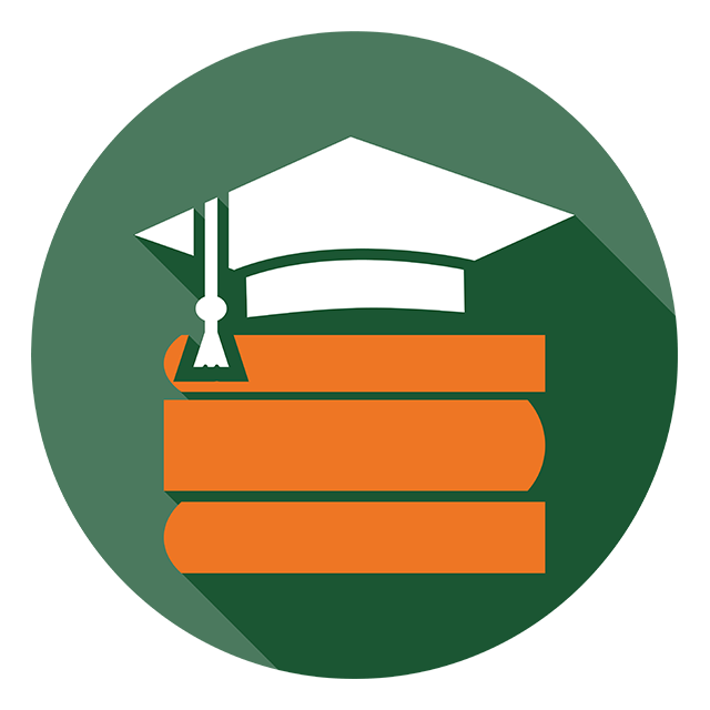 Icon of a stack of three books with a graduation cap on top