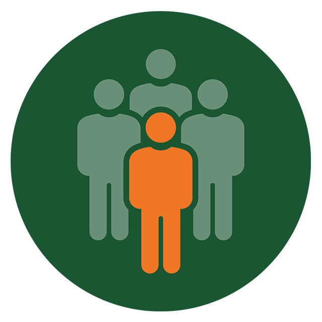 Icon depicting an orange figure at the forefront, representing leadership within a group of four individuals.