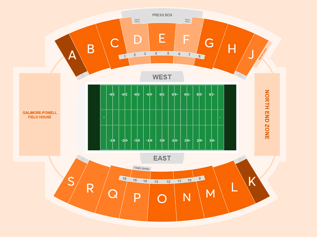 An image of the FAMU Bragg Memorial Stadium seating map