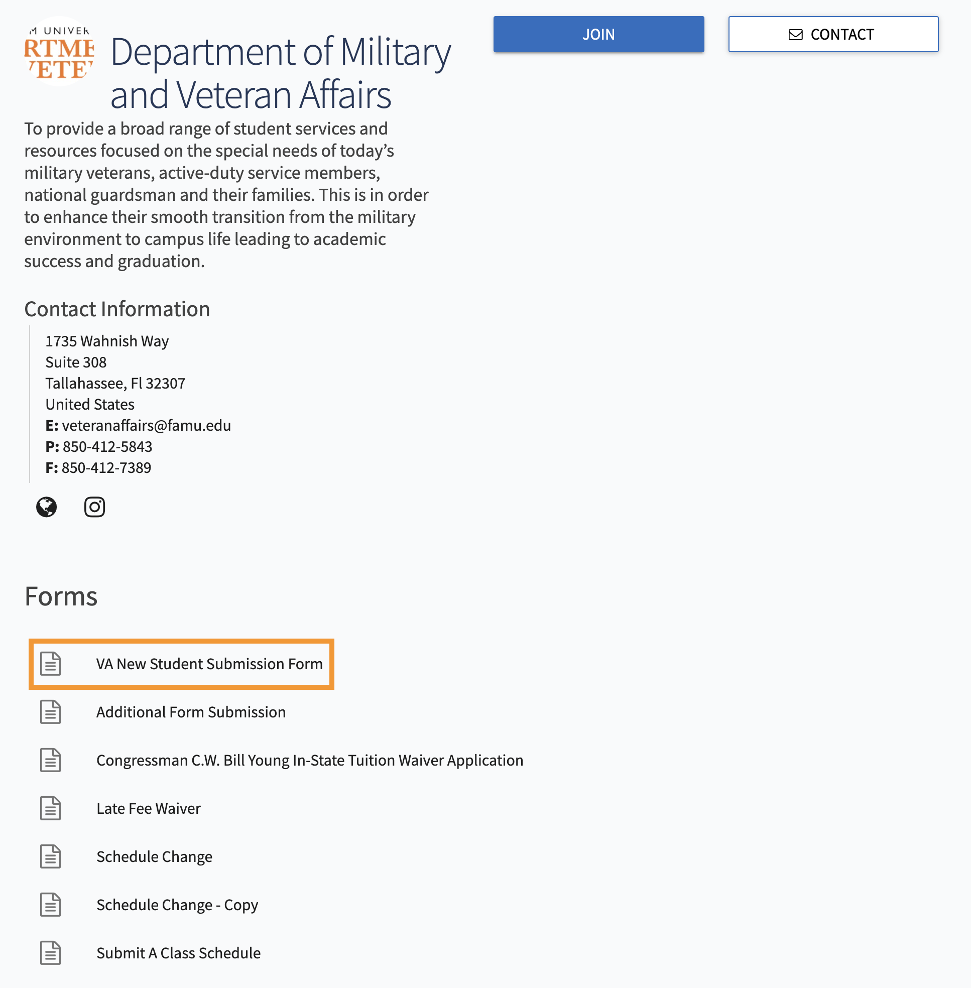 Screenshot of the Military And Veteran Affairs webpage on FAMU's 'iStrike' site. The page features various links to fillable webforms." The link entitled "VA New Student Submission Form" is highlighted.